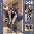 Coral velvet pajamas women's autumn and winter cute plush padded bathrobe robe robe long flannel loungewear set. 