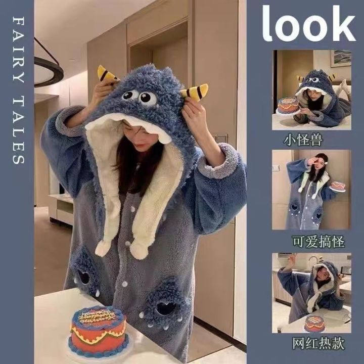 Coral%20velvet%20pajamas%20women's%20autumn%20and%20winter%20cute%20plush%20padded%20bathrobe%20robe%20robe%20long%20flannel%20loungewear%20set%20-%20Image%204