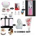 6 A Set  Cake Decoration Turntable , 12 Pieces Of Stainless Steel Nozzle Set , 3 pieces of cake planner , Measuring Spoon Cup Set , 3 pieces Plastic Cream Scraper & 10 Pieces Pipping Bags. 