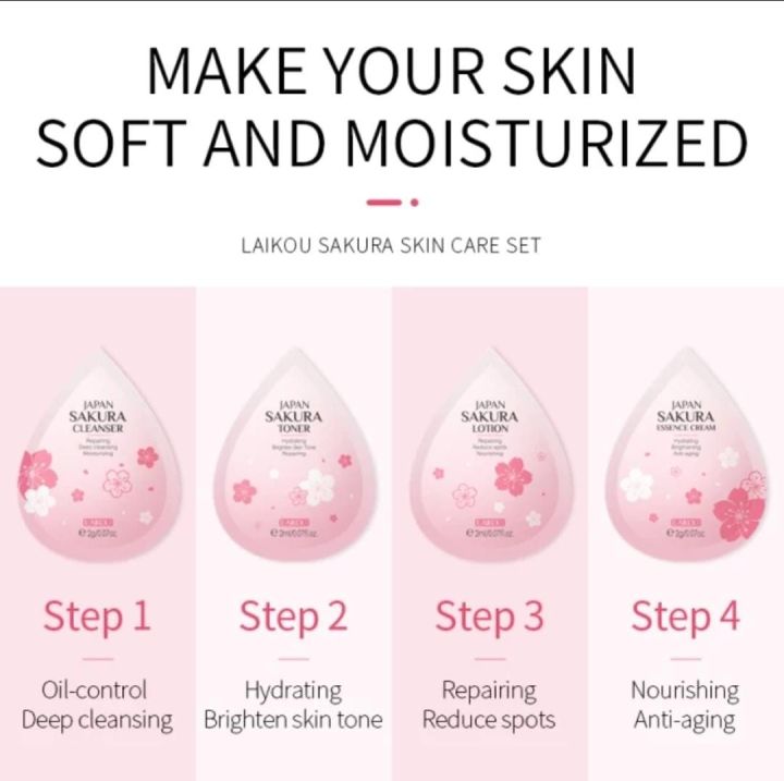 LAIKOU%20Japan%20Sakura%20Skin%20Care%20Mini%204%20Pcs%20Set%20(Face%20Cleanser%20/Toner/%20Lotion/%20Essence%20Cream)-2gm/Each%20-%20Image%205