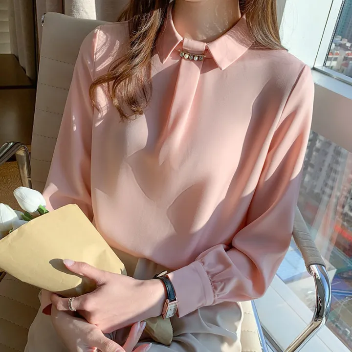 Pink%20Shirt%20Women's%20Long%20Sleeve%20Spring%20New%20Korean%20Style%20Western%20Style%20Design%20Sense%20Niche%20Fashion%20High-End%20Satin%20Top%20-%20Image%203