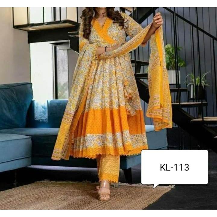 Exclusive Linen Readymade 3 Piece Long Kurti For Women Screen Print Gown With Poppon Work Elegant Party Dress