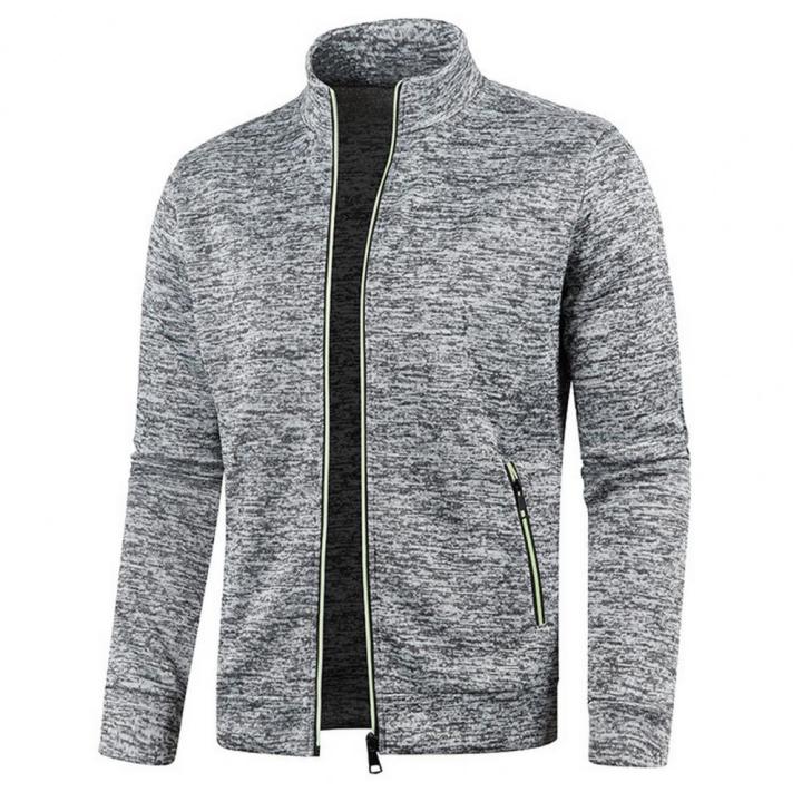 Men Fall Winter Sweater Coat Zipper Pockets Knitted Thin Cardigan Stand Collar Long Sleeves Solid Color Daily Wear Men Jacket