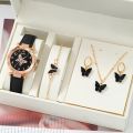 Women Luxury Watch Ring Necklace Earrings Rhinestone Butterfly Fashion Wristwatch Female Casual Ladies Watches Set Clock.