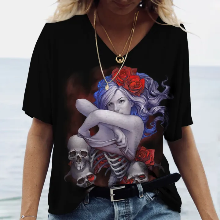 Women%20T%20shirt%20skull%20face%20vintage%20tops%20V%20neck%20casual%20cotton%20short%20sleeve%20pullovers%20summer%20female%20Harajuku%20punk%20streetwear%20tops%20-%20Image%207