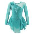 Girls Gymnastic Ballet Leotard Dress Kid Sequins Mesh Long Sleeves Tulle Splice Cutouts Back Figure Ice Skating Dress. 