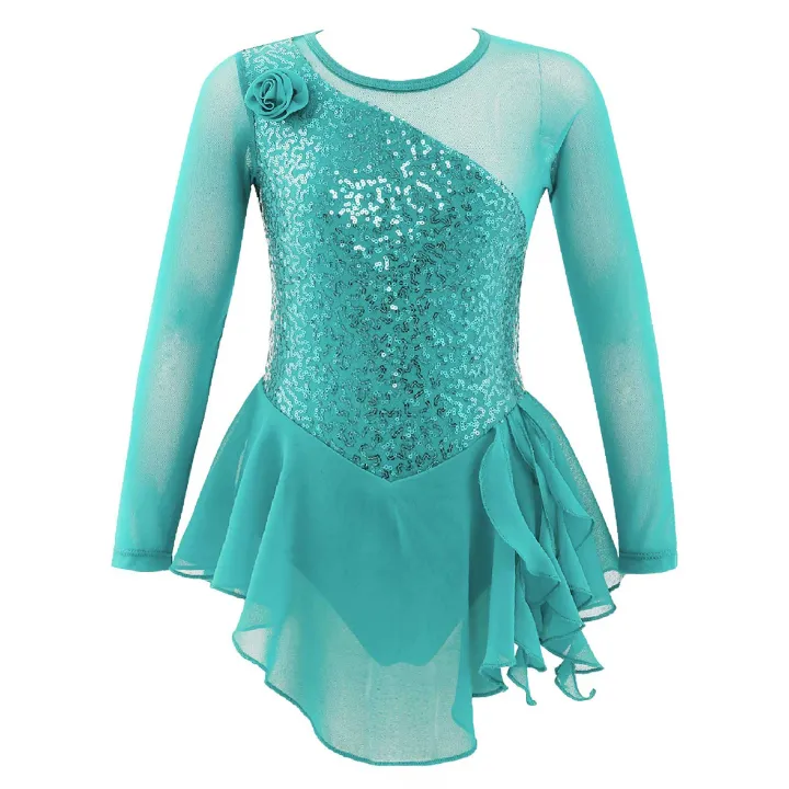 Girls%20Gymnastic%20Ballet%20Leotard%20Dress%20Kid%20Sequins%20Mesh%20Long%20Sleeves%20Tulle%20Splice%20Cutouts%20Back%20Figure%20Ice%20Skating%20Dress%20-%20Image%207