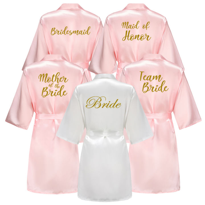 Team Bride Maid of Honor Gold Letter Print Kimono Faux Silk Women Wedding Preparewear Bridal Party Bridesmaid Robes