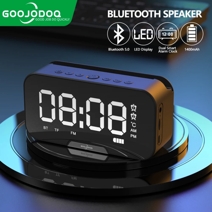 GOOJODOQ Wireless LED Bluetooth Speaker Smart Alarm Clock Portable Mini Super Bass Stereo Hands-free Calling Mirror Screen