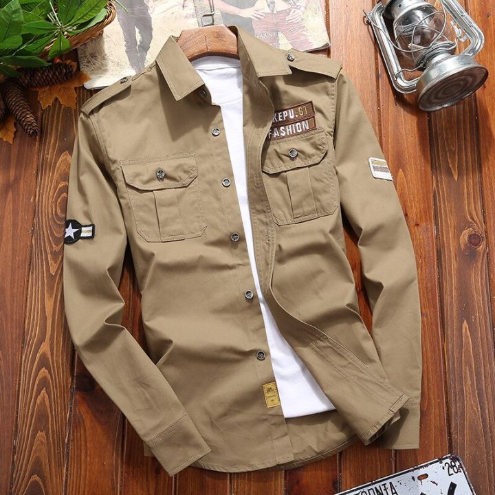 Men's%20Shirts%20Military%20Cotton%20Shirt%20Khaki%20Casual%20Retro%20Slim%20Fit%20with%20Pocket%20Long%20Sleeve%20Vintage%20Jacket%20Streetwear%20Drop%20Shipping%20-%20Image%202