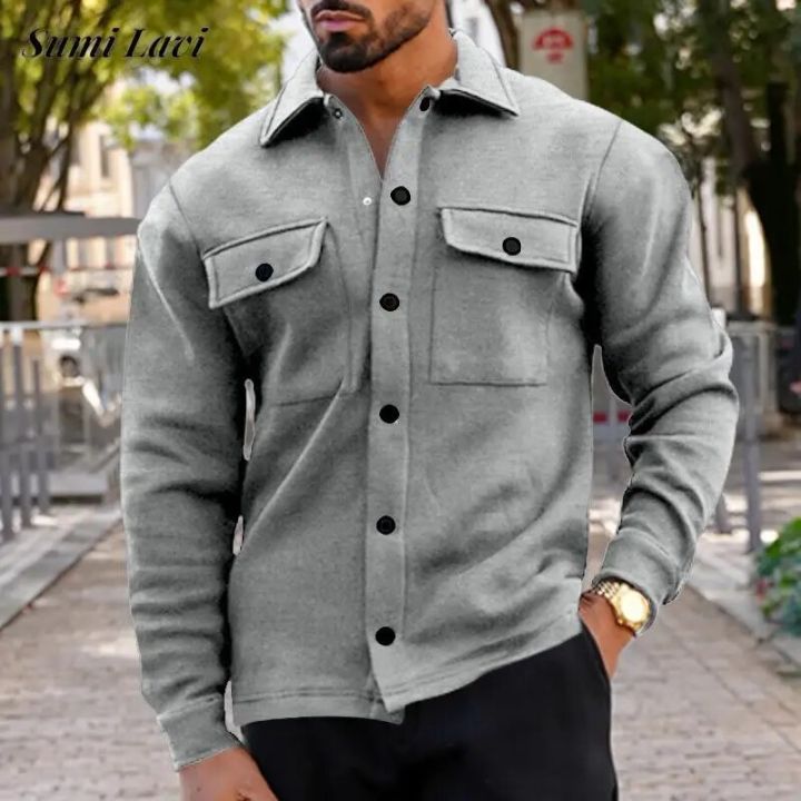 Fashion Patch Pockets Cargo Shirt Jacket Men Streetwear 2024 Spring Trendy Solid Color Coats For Mens Clothes Casual Outerwear