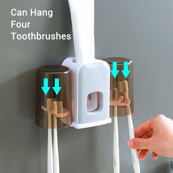 2 Mouthwash Cup Set/Toothbrush Holder Wall Mounted Toothpaste Dispenser Automatic Holder