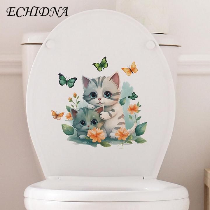 Pvc Toilet Decal Cartoon Cat Butterflies Toilet Sticker Waterproof Pvc Wall Art for Living Room Bedroom Bathroom Animal Flower Decoration Decal Cartoon Cat Toilet Sticker