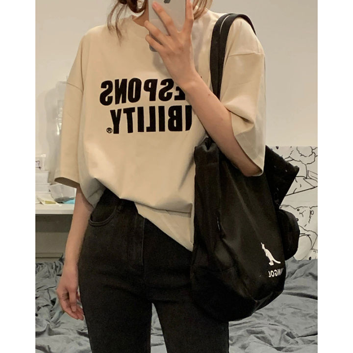 Pure%20Cotton%20American%20Vintage%20Letter%20Print%20Short%20Sleeve%20T%20T-shirt%20Women's%20Summer%20New%20Loose%20Leisure%20All-Matching%20Half%20Sleeve%20Shirt%20Fashion%20-%20Image%202