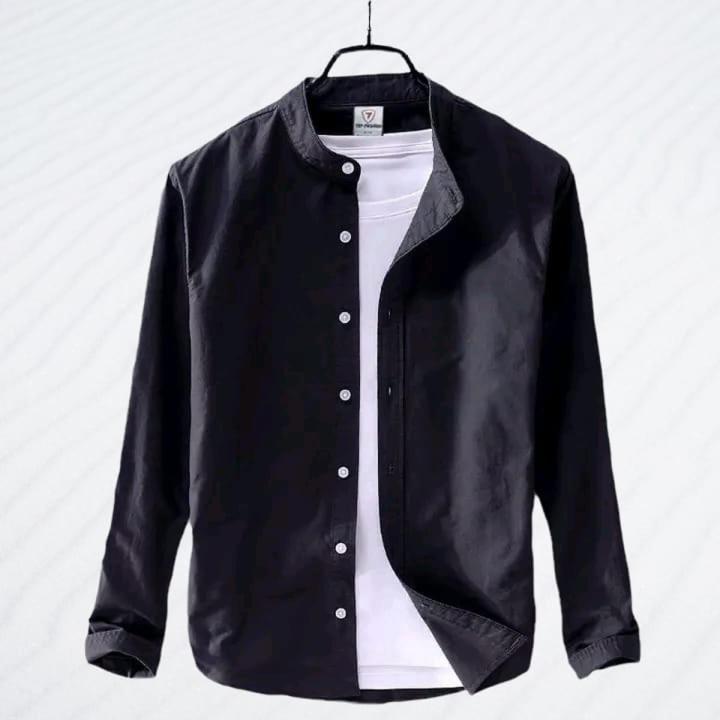 Men Shirt Band Collar| Black Solid Cotton | Mandarin Collar