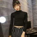Women Slim Soft Elastic Turtleneck Solid Crop Tops Girl Long Sleeve Short T-Shirts Tees Female Spring Autumn Short Casual Tee.