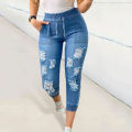 Sunnyheart Capri Denim Pants Washable Skinny Ripped Holes Capri Denim Pants. 