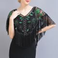 Women 1920s Sequined Shawl with Tassels Beaded Pearl Fringe Solid Color Sheer Mesh Wraps Gatsby Flapper Bolero Cape Cover Up. 