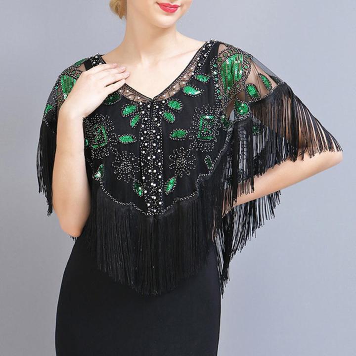 Women%201920s%20Sequined%20Shawl%20with%20Tassels%20Beaded%20Pearl%20Fringe%20Solid%20Color%20Sheer%20Mesh%20Wraps%20Gatsby%20Flapper%20Bolero%20Cape%20Cover%20Up%20-%20Image%202
