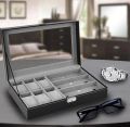 All Season Dual-Function Watch and Sunglasses Display Case – Premium PU Leather Organizer for Men's Accessories (6 Slots + 3 Compartments).