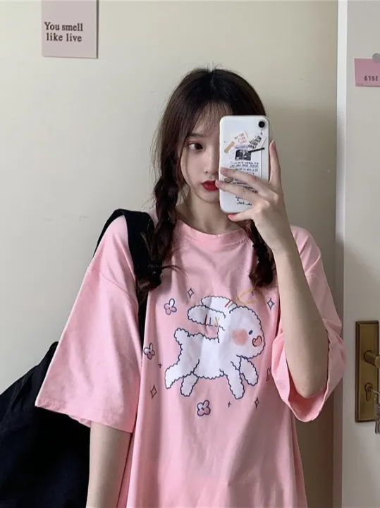 2024%20New%20Summer%20Pink%20Half%20Sleeve%20ins%20Super%20Popular%20Top%20Women's%20Loose%20Korean%20Style%20Student%20Short%20Sleeve%20T%20T-shirt%20-%20Image%202