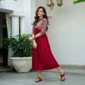 Maroon V Neck Gathered Dress ( Full Stitch Dress ) k49. 