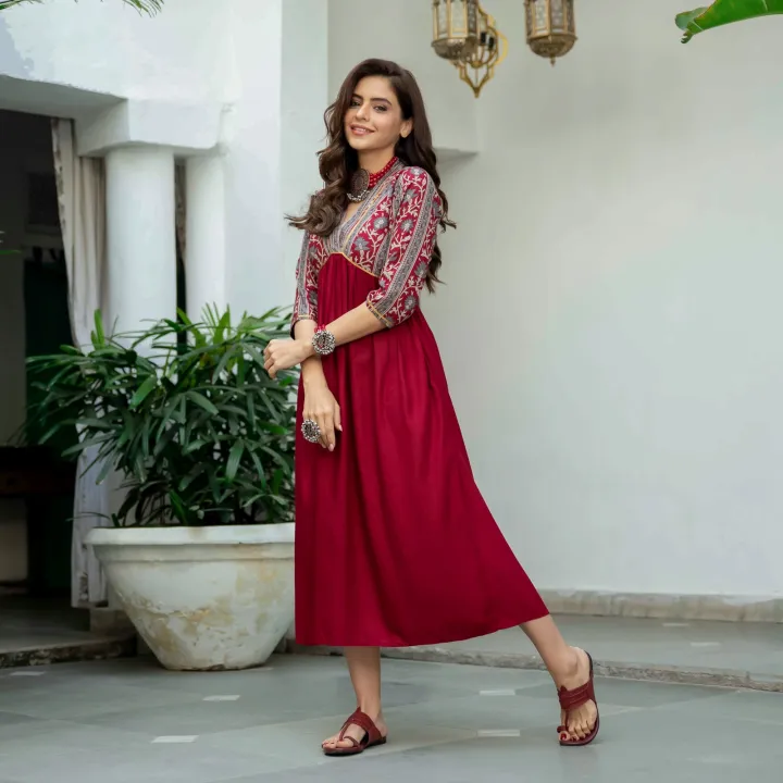 Maroon%20V%20Neck%20Gathered%20Dress%20(%20Full%20Stitch%20Dress%20)%20k49%20-%20Image%206
