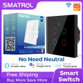 SMATRUL - Tuya Smart Light Switch - Wifi Wall Smart Switches 1/2/3/4 gang - NO Neutral Wire Needed - Black Tempered Glass Touch Panel - Works for Alexa and Google Home. 