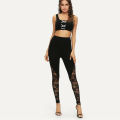 High Waist Black Lace Leggings Women's Ladies Floral Lace Side Panel Cut Out Black Leggings S M L 2XL.