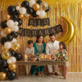 Eid Mubarak Decoration Combo Set with Golden Moon Foil, Backdrop, Metallic Balloon, EID Banner, Arch & More- (56 Pcs).