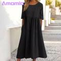 Amamia Casual Dress Pockets Women Pleated Flowy Hem Solid Midi Dress. 