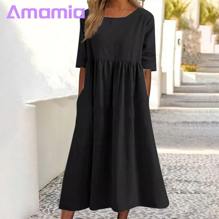 Amamia%20Casual%20Dress%20Pockets%20Women%20Pleated%20Flowy%20Hem%20Solid%20Midi%20Dress%20-%20Image%209