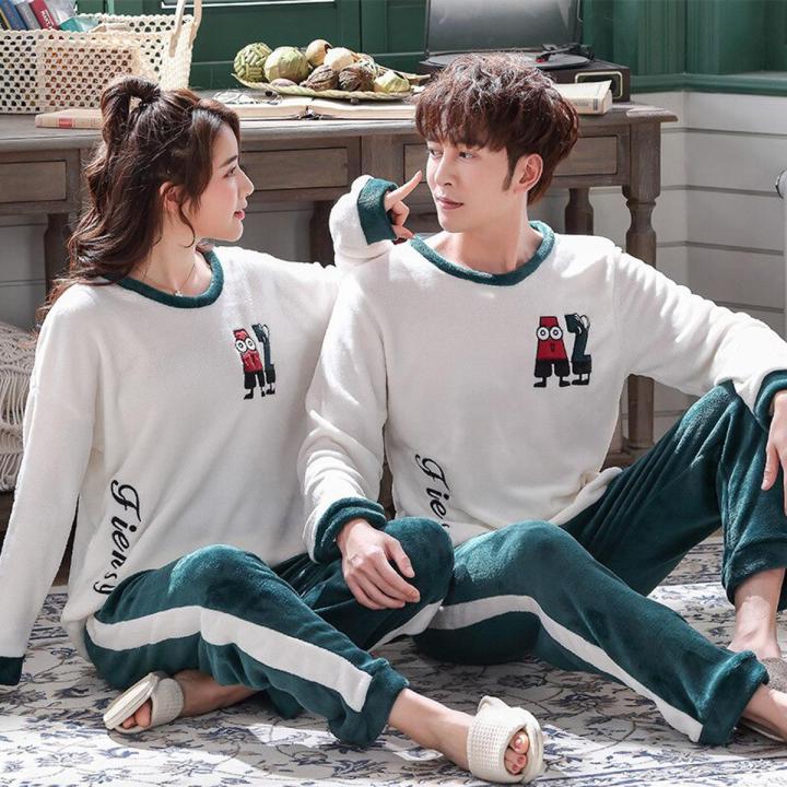 Autumn Winter Pajama Sets Pyjamas Women Cartoon Cute Home Wear Men Pijama Clothes Flannel Sleepwear Dinosaur Couple Sleepwear