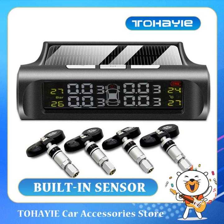TOHAYIE Solar Power TPMS Three-digit High-precision Car Tire Pressure Alarm Monitor System Auto Security Alarm Systems Wireless Tyre Pressure Temperature Warning (Built-in Sensor)