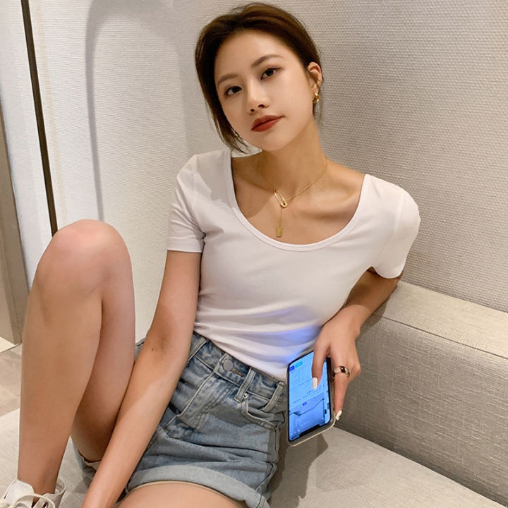 Black%20T%20T-shirt%20Women's%20Short%20Sleeve%20Tight%20Cotton%20Low-Neck%20Slim%20Fit%20Big%20Neckline%20Backless%20u%20Collar%20Top%20Bottoming%20Shirt%20Short%20Summer%20-%20Image%204