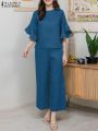 Fashion Solid Suit Woman Half Sleeve Boatneck Blouse Wide Leg Pants 2pcs Casual Street Matching Sets Elegant OL Tracksuit. 