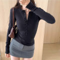 High-Grade Button T T-shirt Women's Unique Half-Open Collar Top Spring and Autumn Tight Hot Girl Shoulder Long Sleeve Solid Color Bottoming Shirt. 