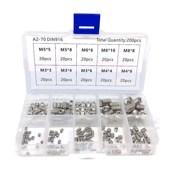 KOGEEK 200pcs Hex Grub Screws Kit Set Screws 304 Stainless Steel M3/M-4/M5/M6/M8 Grub Screw Assortment Packed in Organizer Box