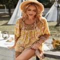 Womens Bohemian Dress Summer Floral Print V Neck Dresses Casual 3/4 Long Sleeve Beach Dress Green TEMOFON. 