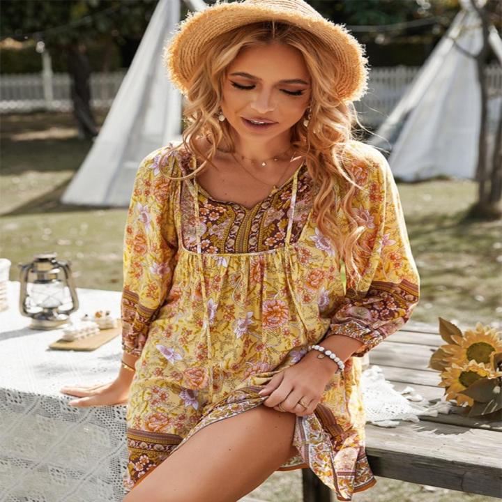 Womens%20Bohemian%20Dress%20Summer%20Floral%20Print%20V%20Neck%20Dresses%20Casual%203/4%20Long%20Sleeve%20Beach%20Dress%20Green%20TEMOFON%20-%20Image%208
