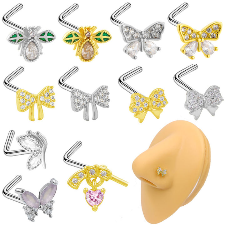 PantiesPantiesPink Cubic Zircon L-Bend Nose Stud Butterfly Nose Ring Bow Love Piercing Nose Rings for Women Fashion Body jewelry