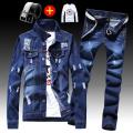 Spring Autumn Mens Denim Jacket + Jeans Pants Set Fashion Letters Printed Coat Trousers Two Piece Denim suit.