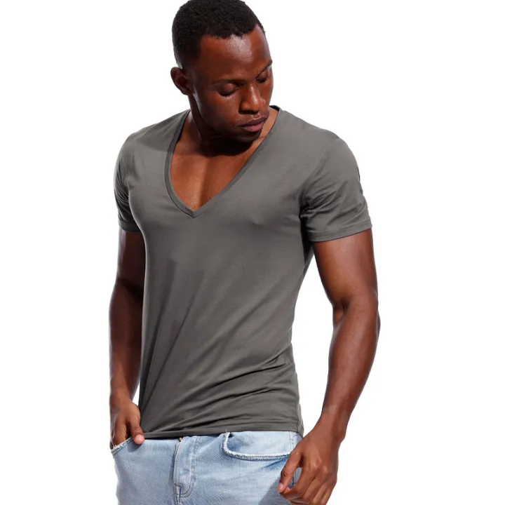 Deep%20V%20Neck%20T%20Shirt%20for%20Men%20Low%20Cut%20Vneck%20Wide%20Vee%20Tee%20Male%20Tshirt%20Invisible%20Undershirt%20Model%20Scoop%20Hem%20Slim%20Fit%20Short%20Sleeve%20-%20Image%202