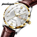 【with Box】POEDAGAR Men's Fashion Ultra Thin Watches Top Quality Luxury Waterproof Luminous Date Week Leather Strap Watch For Male Business Casual Wristwatches 836P. 