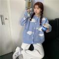 Spring and Autumn Korean Style ins Sweet Blue Sky and White Clouds Knitted Cardigan for Women Idle Style Loose round Neck Student Sweater Coat. 