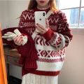 Christmas Red Sweater Women's Autumn and Winter New Popular Retro Loose Soft Glutinous Western Style Knitted Top.