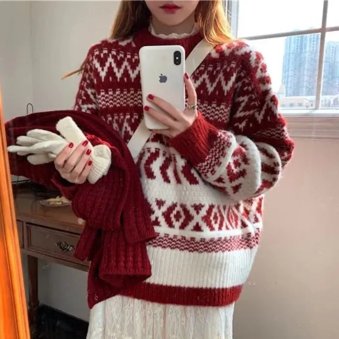 Christmas%20Red%20Sweater%20Women's%20Autumn%20and%20Winter%20New%20Popular%20Retro%20Loose%20Soft%20Glutinous%20Western%20Style%20Knitted%20Top%20-%20Image%202