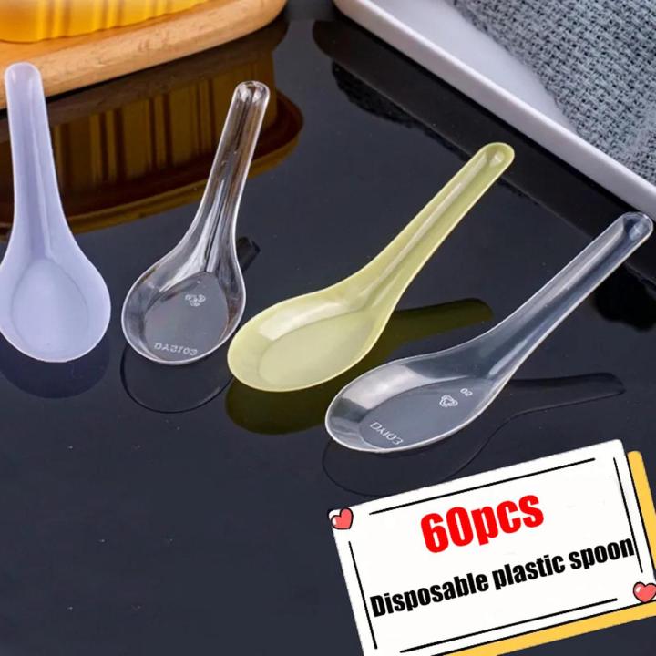 60pcs Mini Disposable Spoon Home Kitchen Clear Plastic Disposable Soup Spoons Kitchen Tool for Jelly Ice Cream Dessert Appetizer