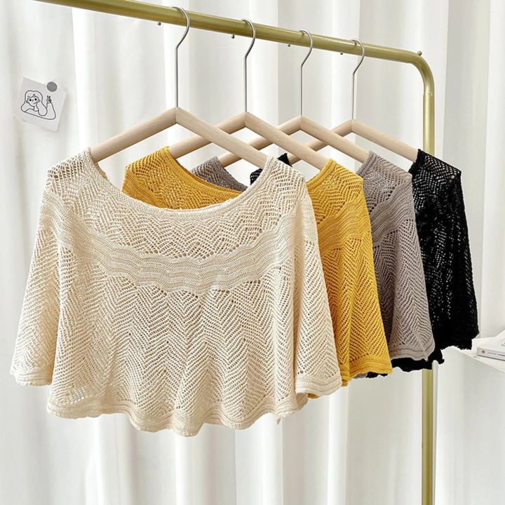 Womens%20Loose%20Crochet%20Tops%20Hollow%20Lace%20Out%20Cotton%20Shrug%20Poncho%20Shawl%20Wrap%20Crewneck%20Summer%20Beach%20Cover%20Up%20Shoulders%20Warm%20Shawl%20-%20Image%204