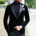 Fashion Navy Blue Velvet Men Suit Set Evening Party Luxury Shiny Beads Blazer Formal Activities Slim Fit Tuxedos Pants 2 Pieces. 